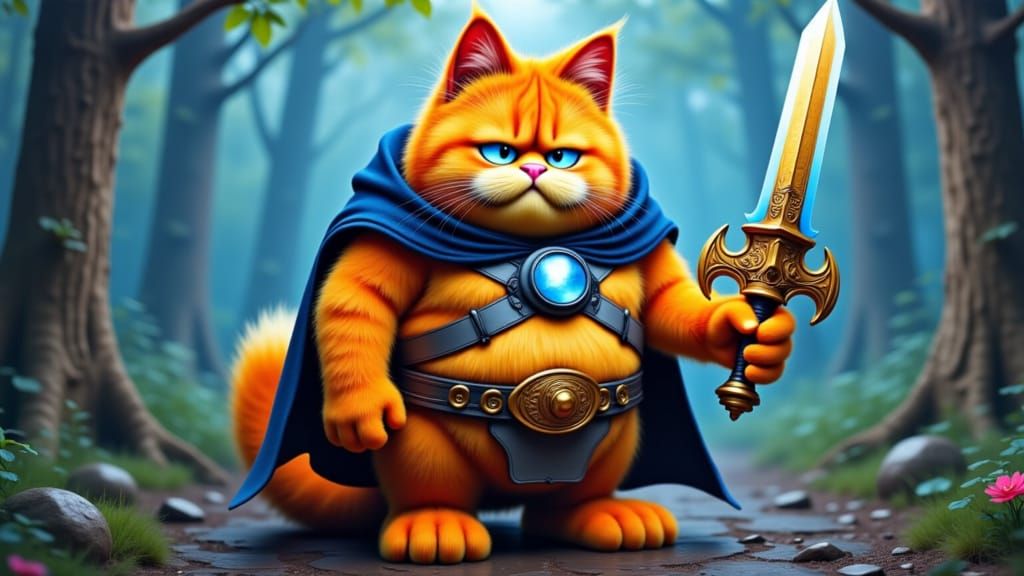 Heroic Garfield in a Fantasy Landscape