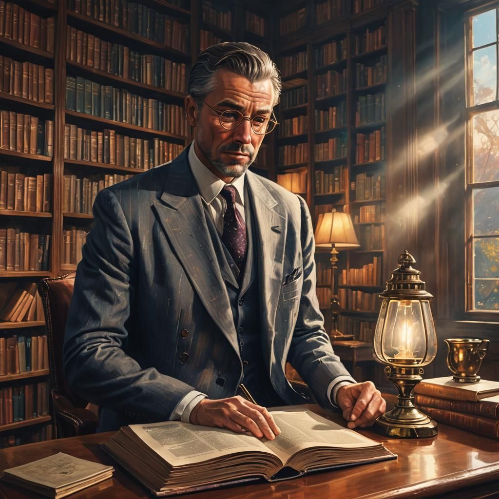 Man Reading Book in Library, Hyperrealistic Art