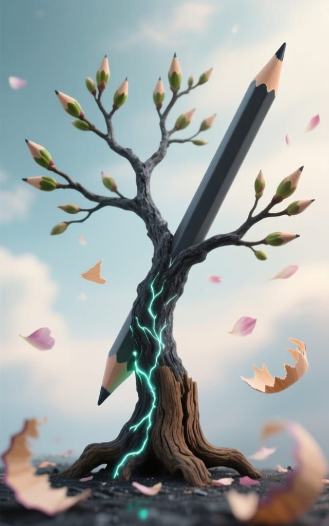 Graphite Tree Grows from Elongated Pencil