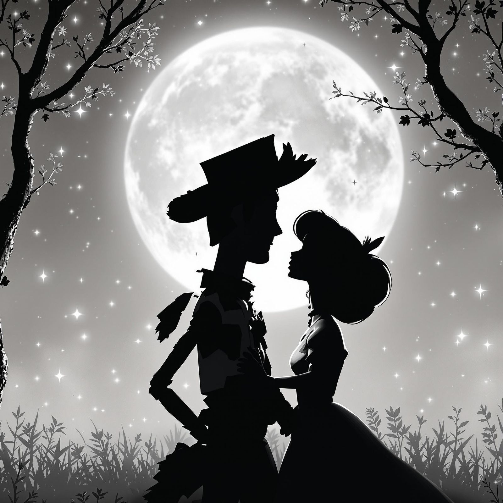 Romantic Woody and Little Bo Peep Silhouette against Moonlit...