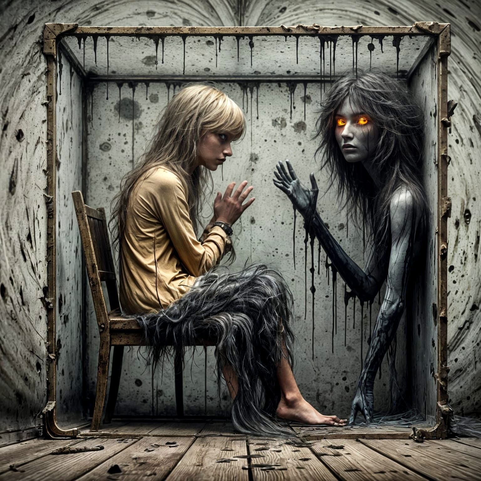 Moody, High-Resolution 3D Image of a Woman Praying in a Dark...