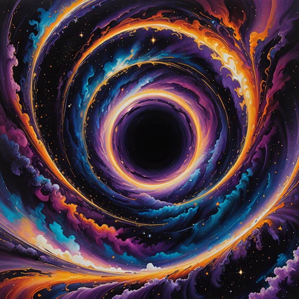Cosmic Black Hole Warping Space in Vibrant Oil Painting