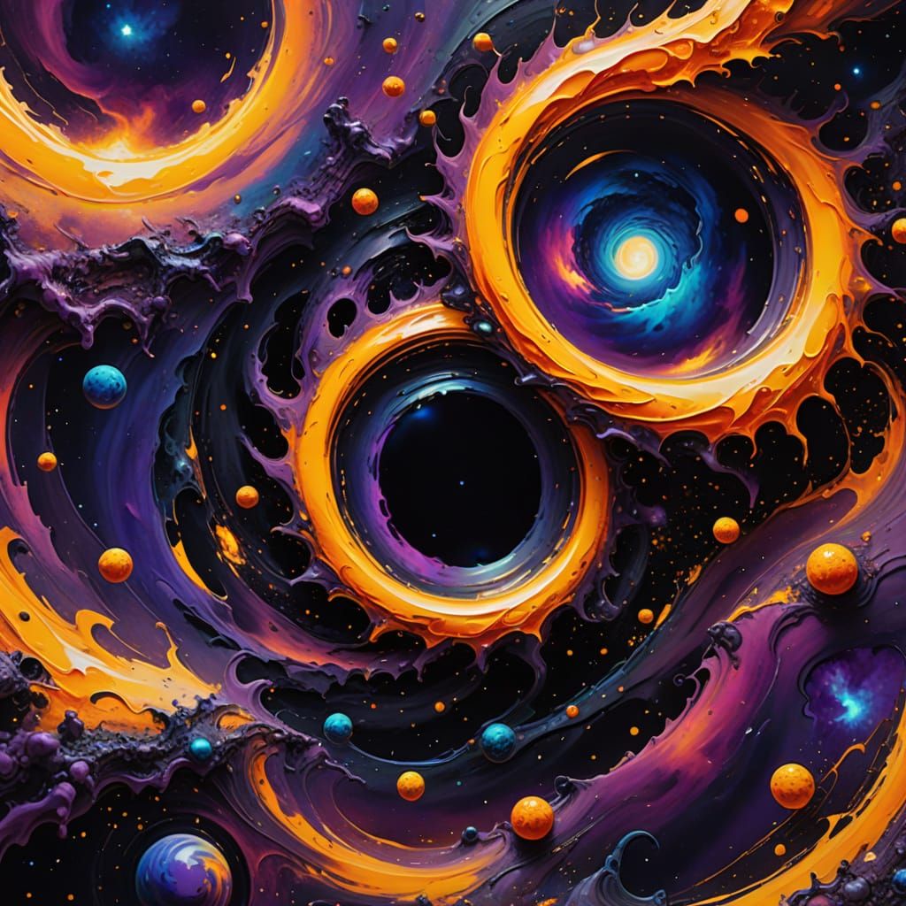 Cosmic Black Hole Warping Space in Vibrant Oil Painting