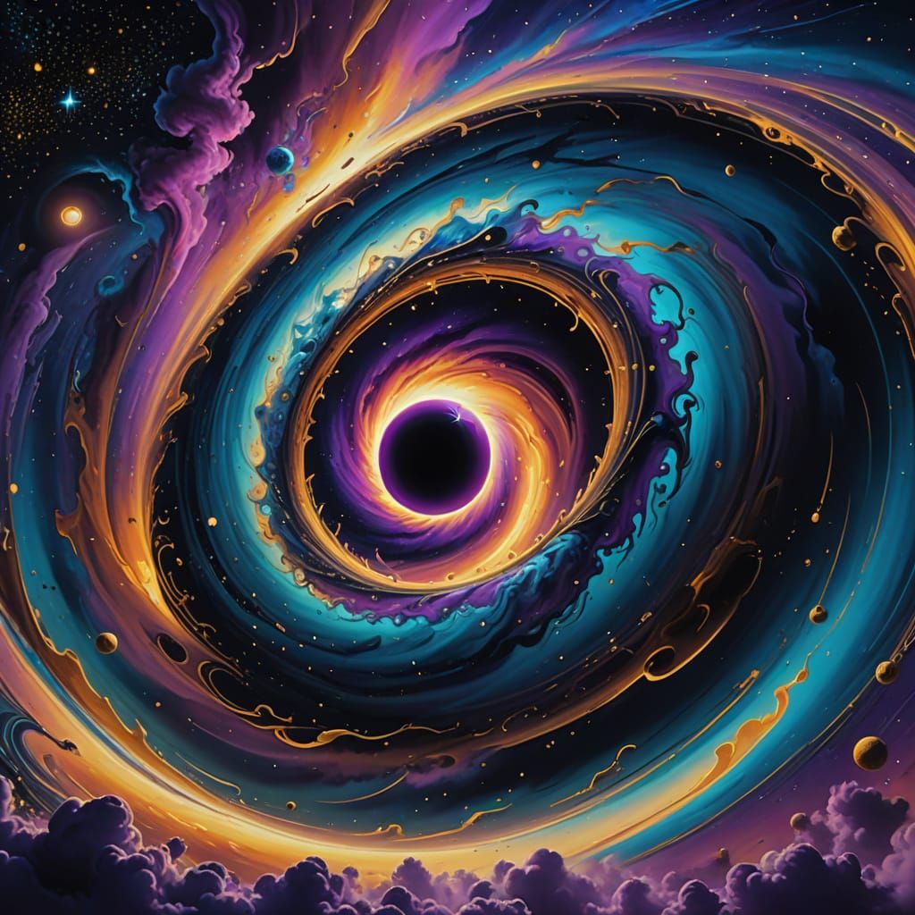 Cosmic Surrealism: Black Hole with Swirling Purple Clouds