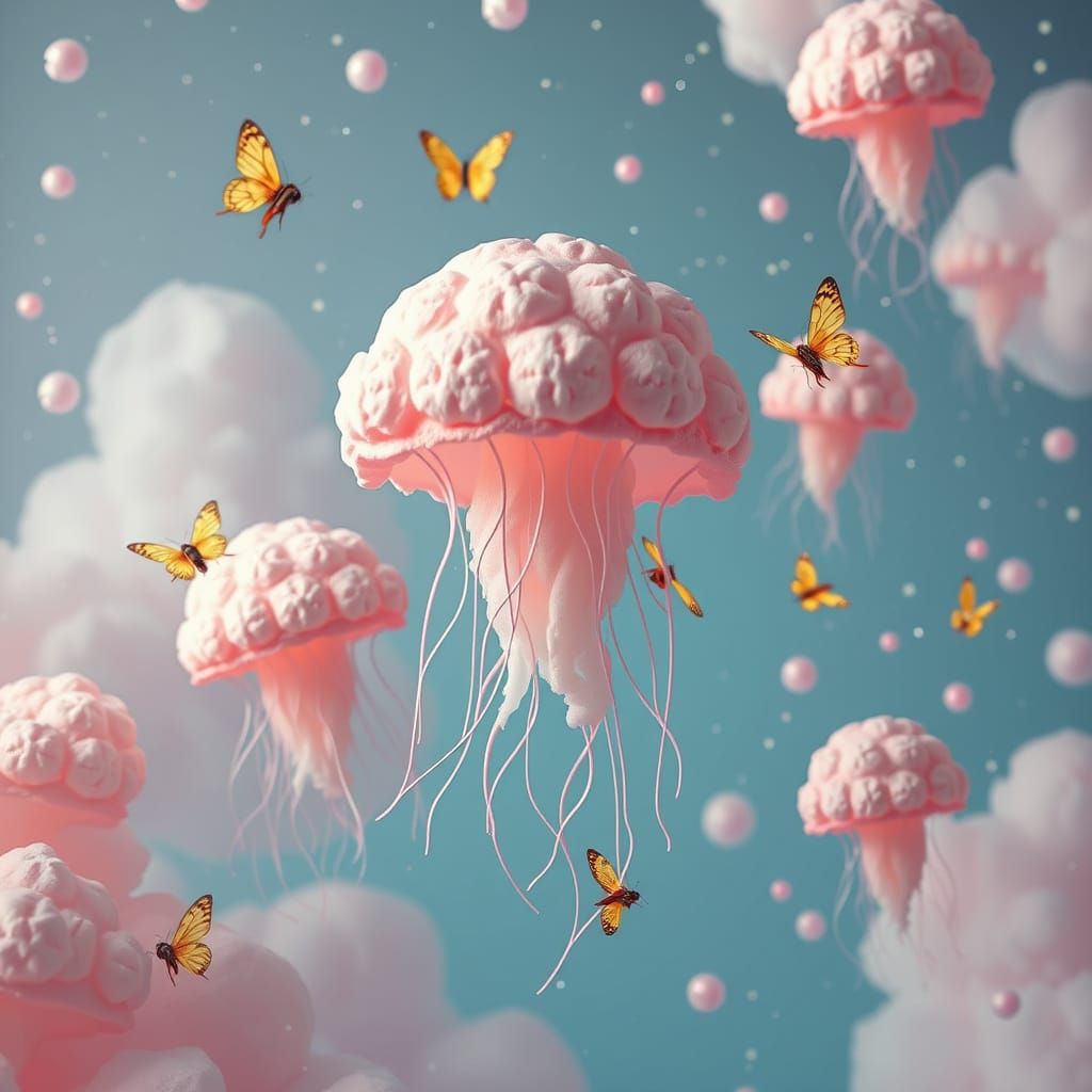Pastel Japanese Jellyfish Dreamscape with Fireflies