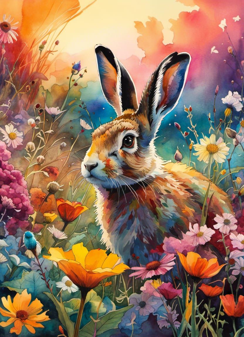Hare in Flower Meadow: Watercolor Fantasy Artwork