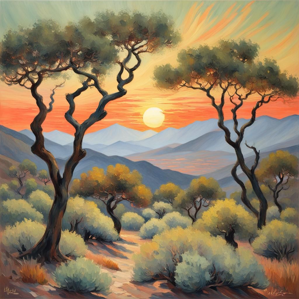 Olive Grove Sunset: Impressionist Dreamscape