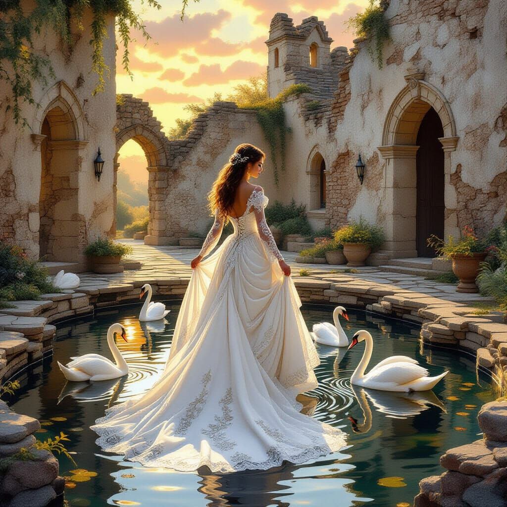 Princess in White Gown with Swans at Sunset