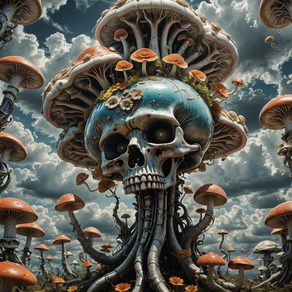 Surreal Mushroom and Flower Art Inspired by Giger