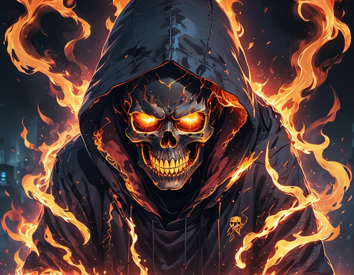 Flaming Skull on Hoodie: Anime Concept Art