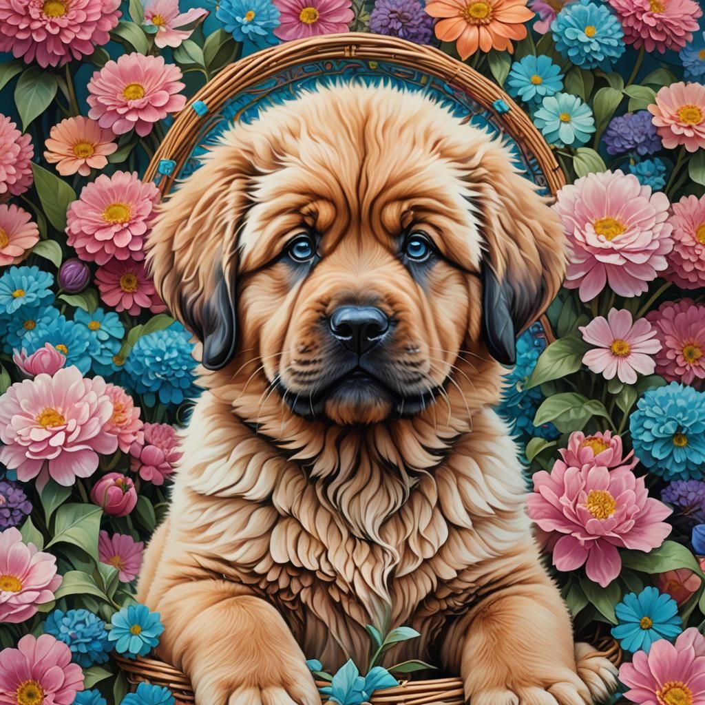 Adorable Tibetan Mastiff Puppy in Fantasy Art Style