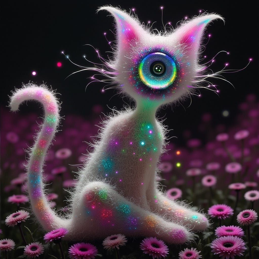 Futuristic Cat with Glowing Eyes in a Vibrant, Dreamy Wonder...