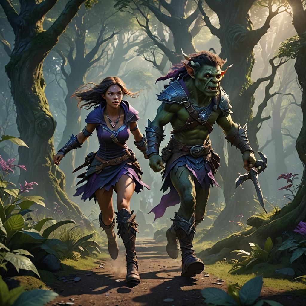 Female Adventurer Runs from Orcs in Mystical Forest