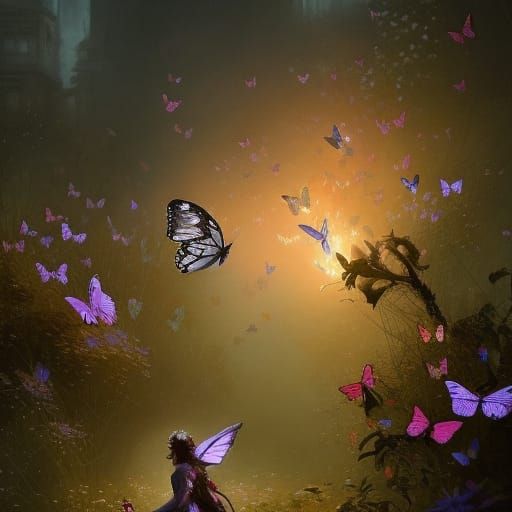 Butterflies on Flowers in Dark Fantasy Style
