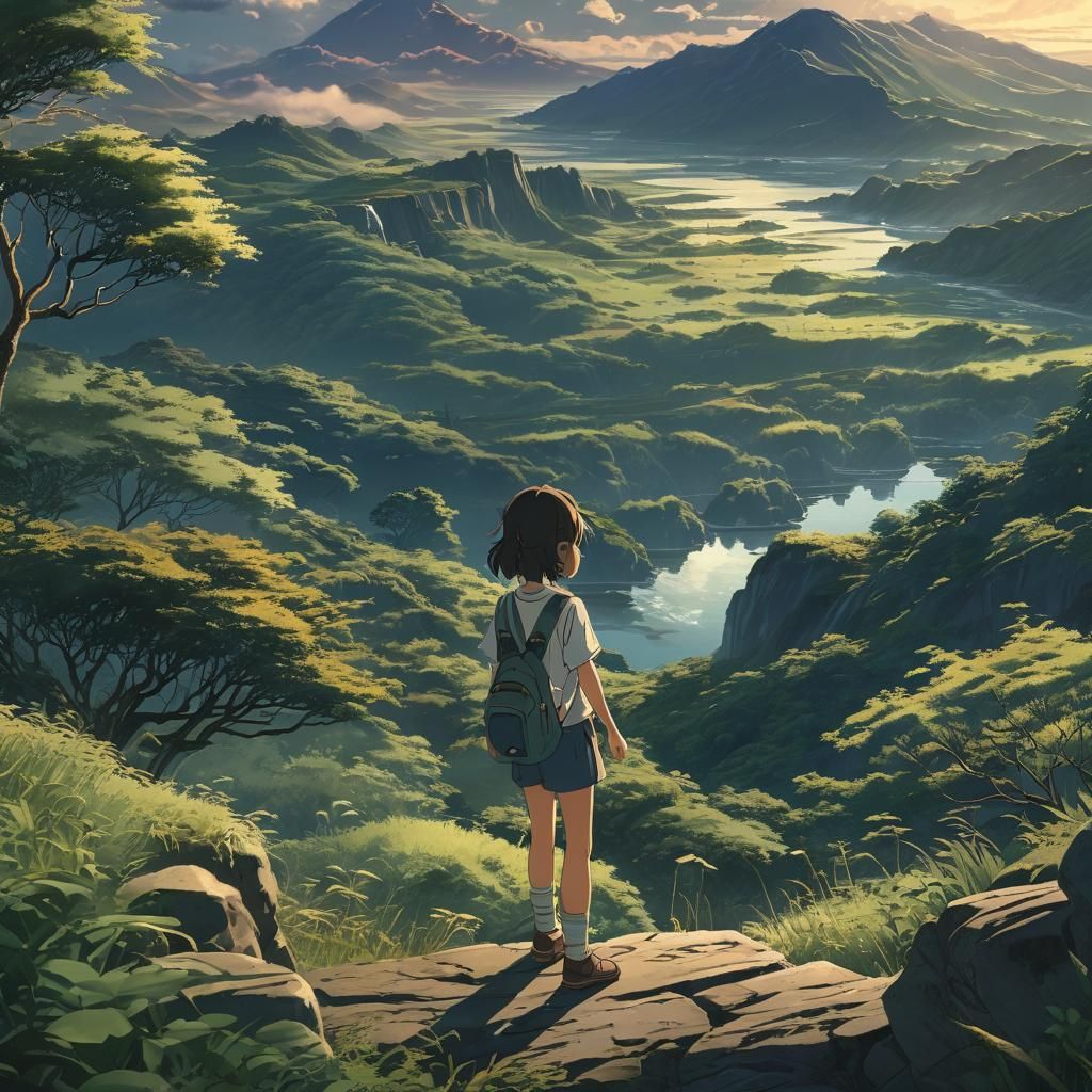 Anime Girl Overlooking Landscape in Shinkai Style