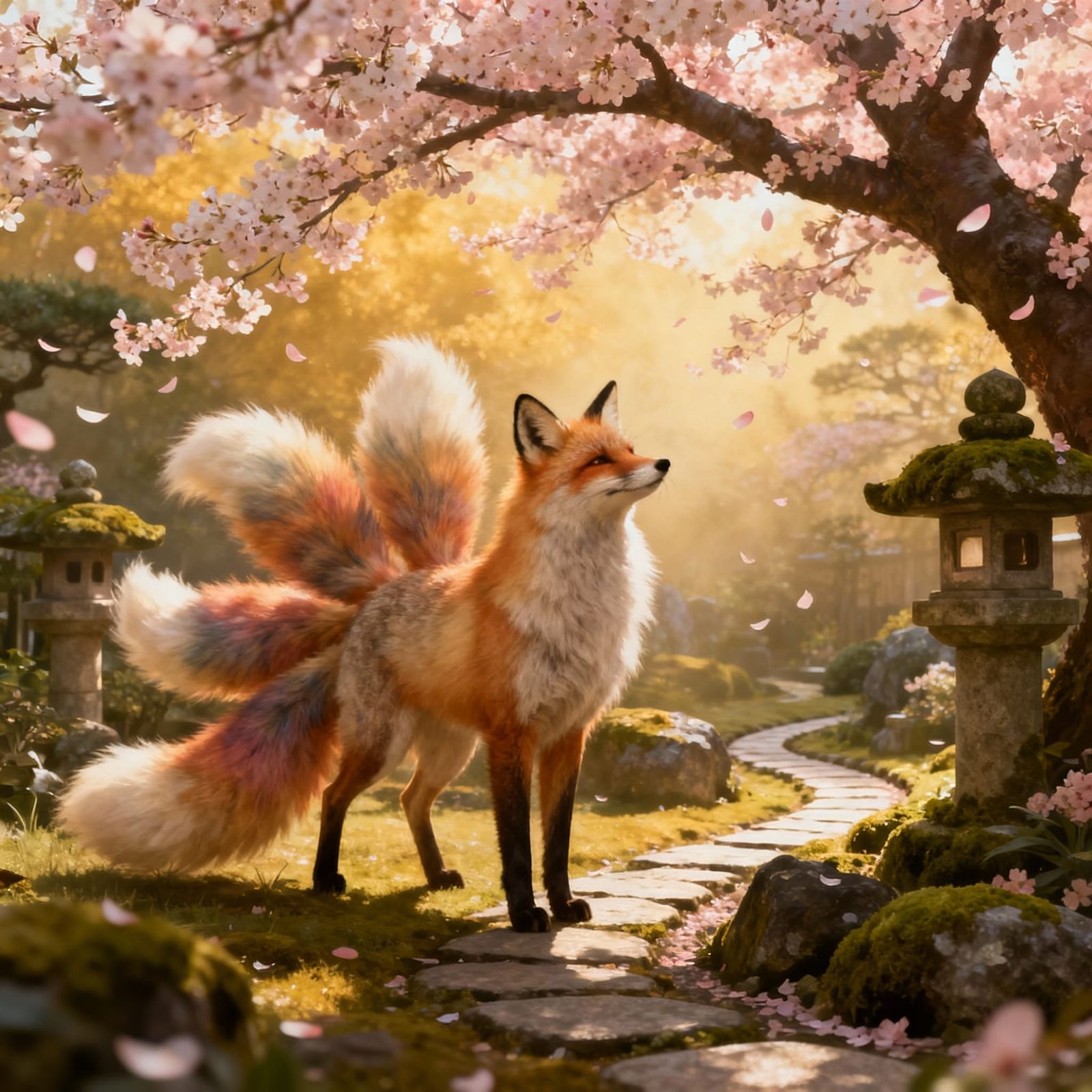 Magical Fox with Many Tails in Japanese Garden