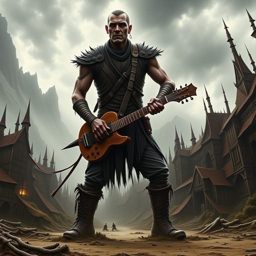 Giant Punk Rocker Plays Guitar for Tiny Village