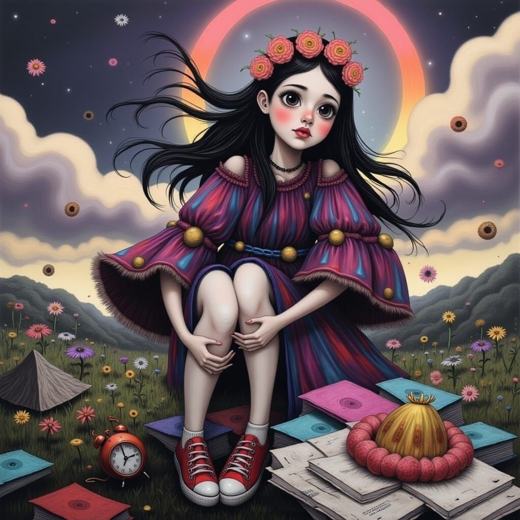 Surreal Whimsy Goddess in Vibrant Floral Wonderland