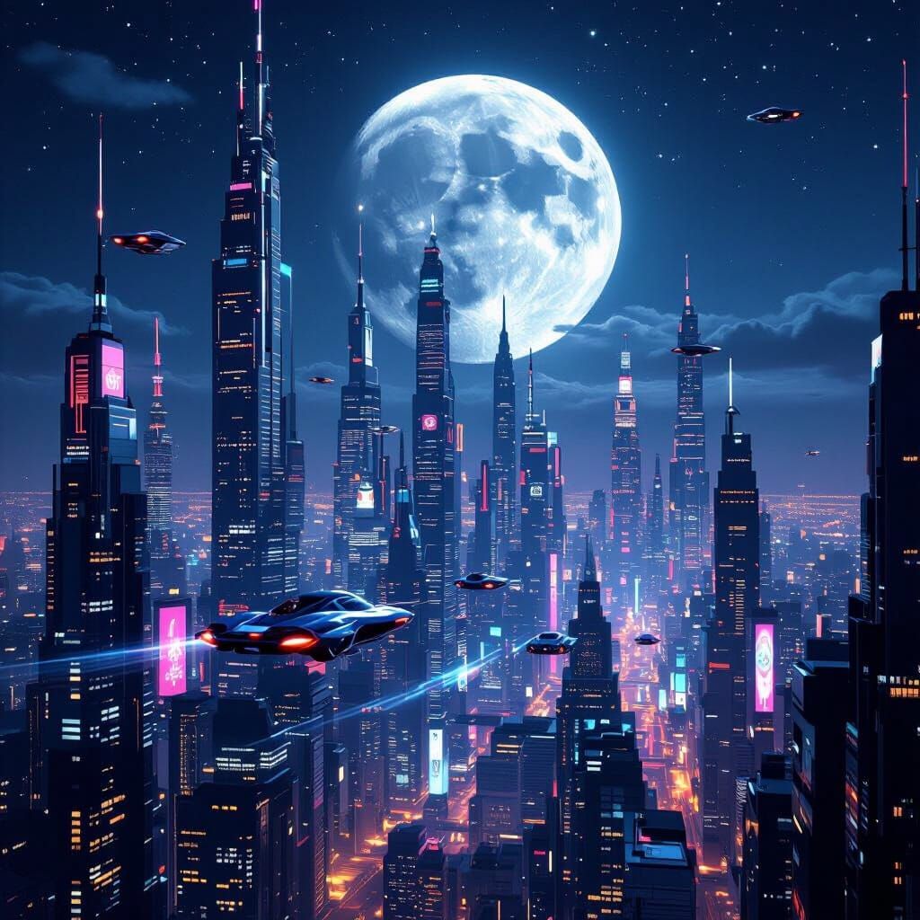 Futuristic Cityscape at Night with Flying Cars & Full Moon
