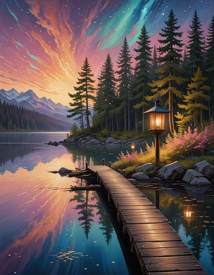 Serene Lake Scene with Lanterns and Pine Trees
