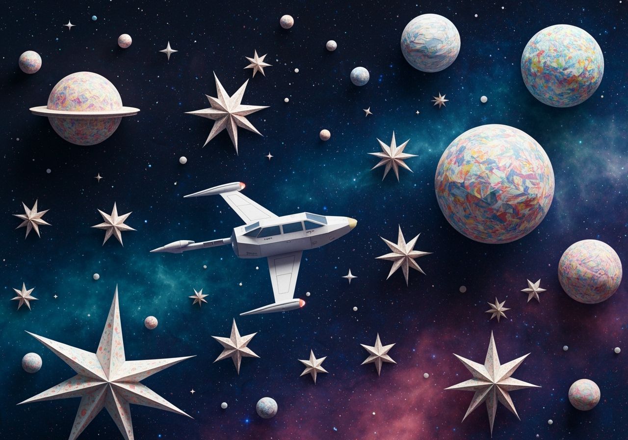 Paper Spaceship Soaring Through 3D Cosmic Expanse