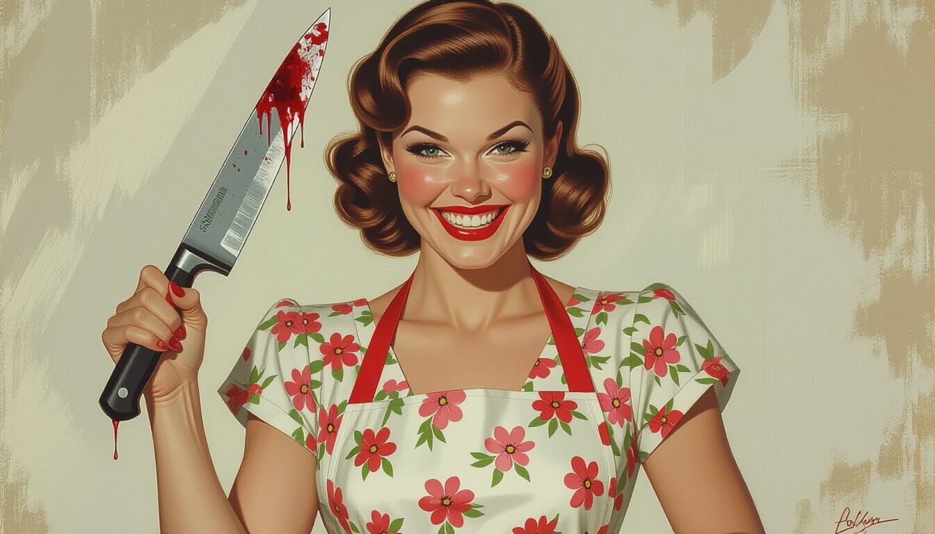 Sinister 1950s Housewife with a Hidden Knife