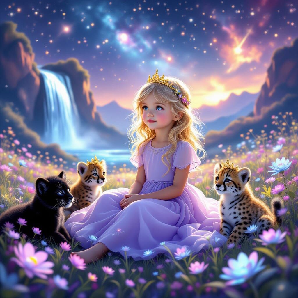 Cosmic Girl with Glowing Cubs in Fantasy Meadow
