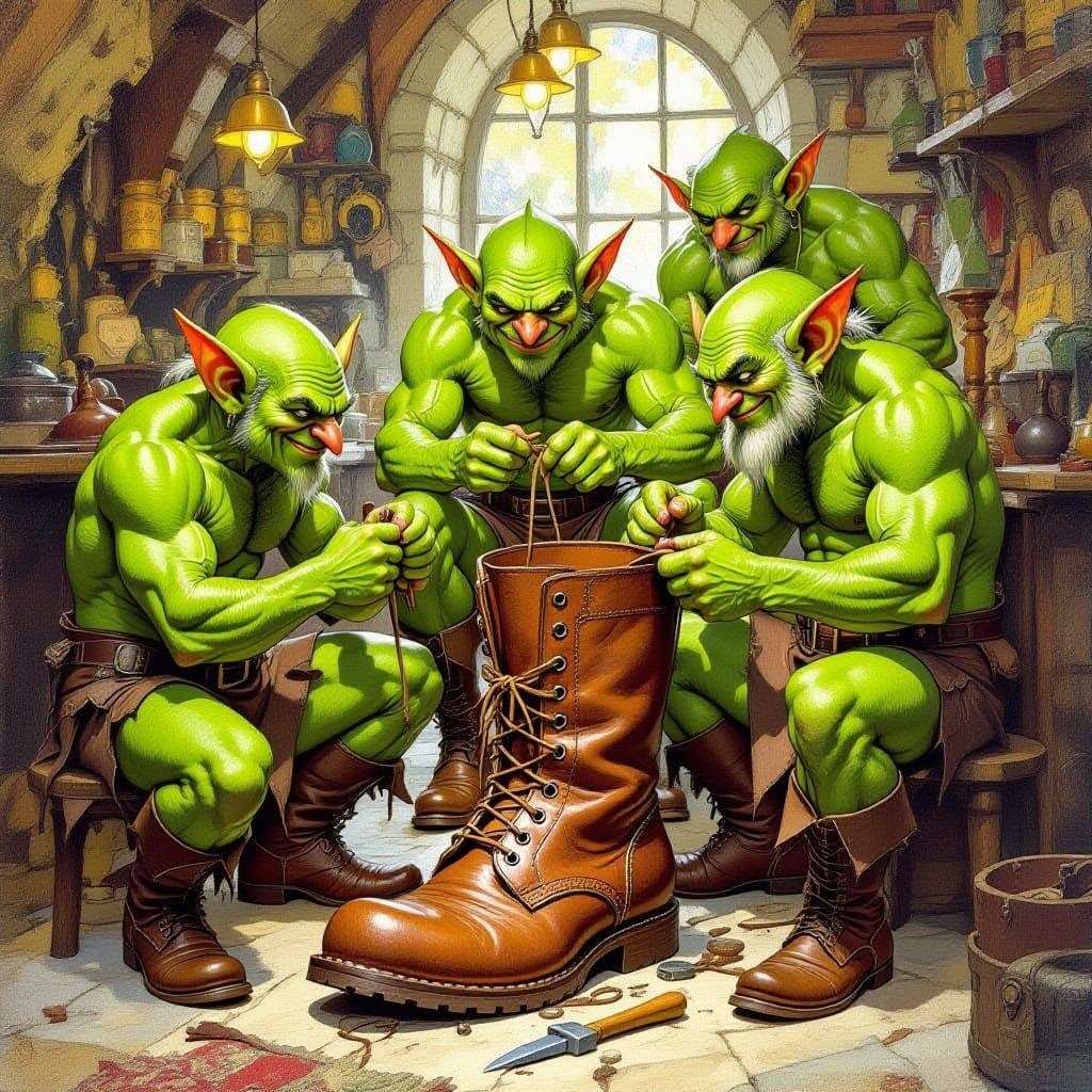 Muscular Goblins Repairing a Giant Boot in Whimsical Style