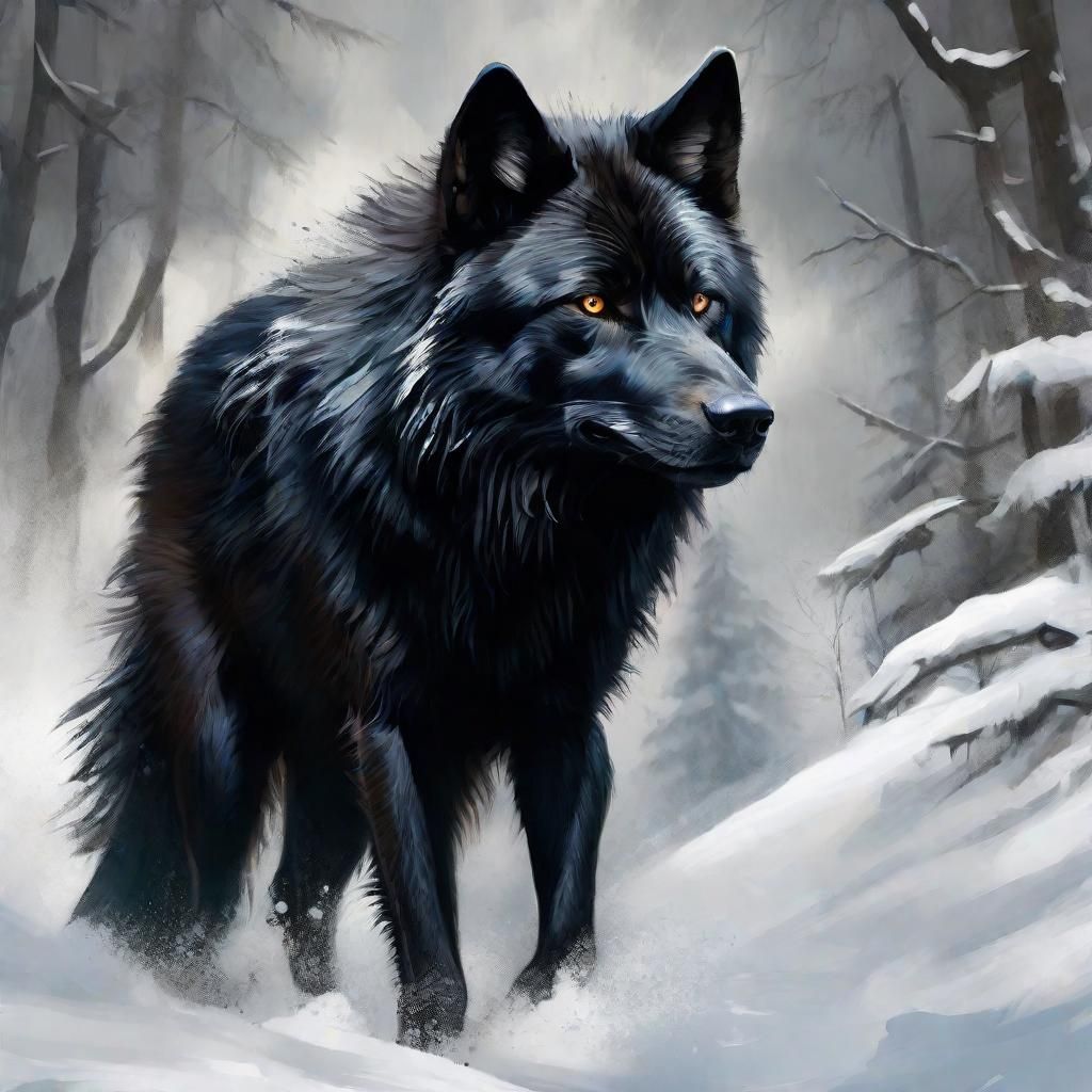 Detailed Black Wolf Painting with Rough Brushstrokes