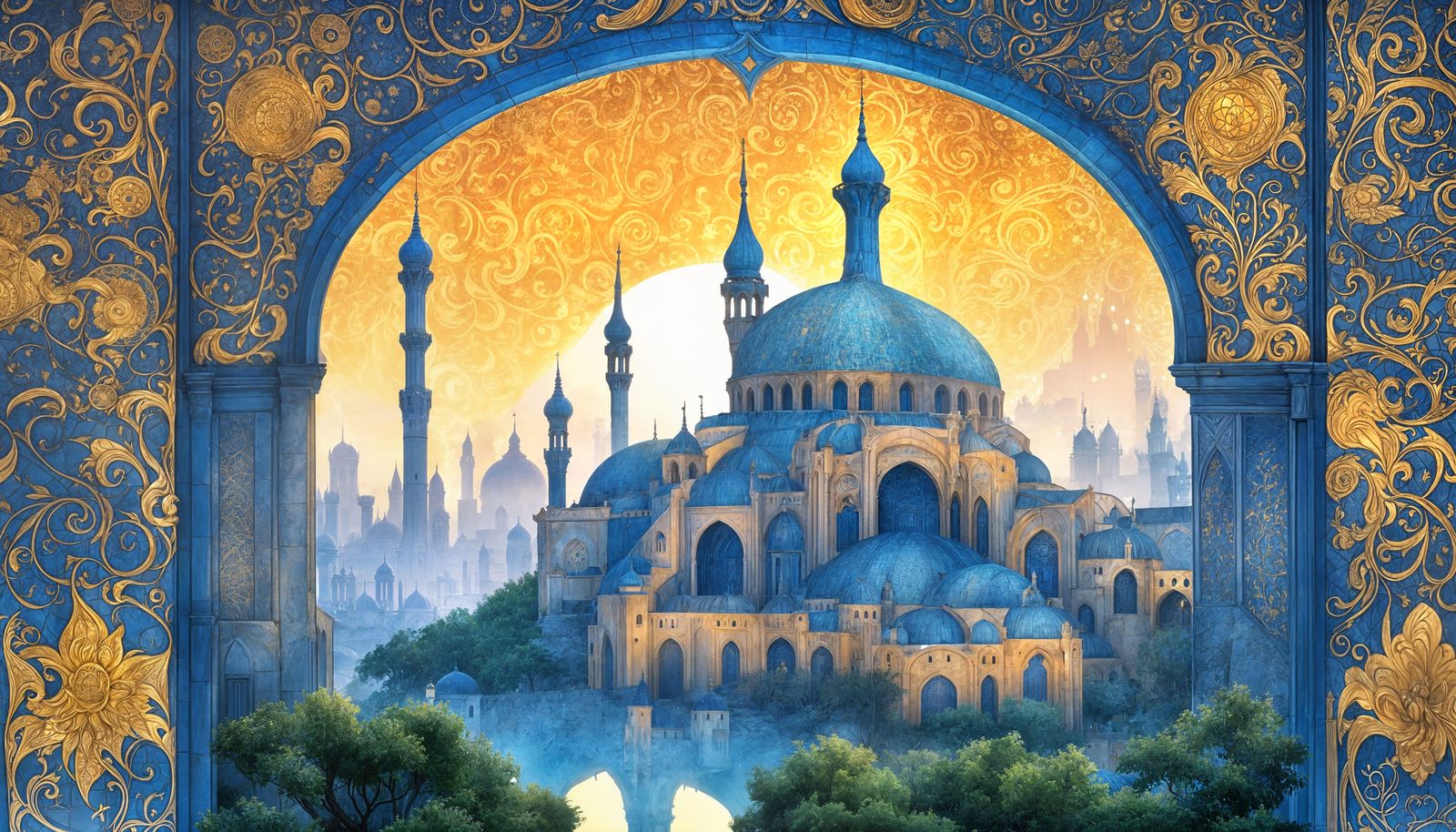Art Nouveau Golden City Under Twilight Sky