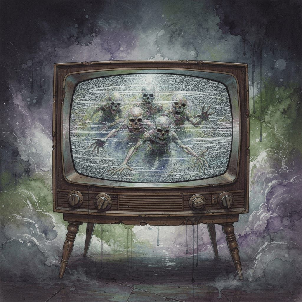 Antique TV Broadcasting Ghosts in Alcohol Ink Style