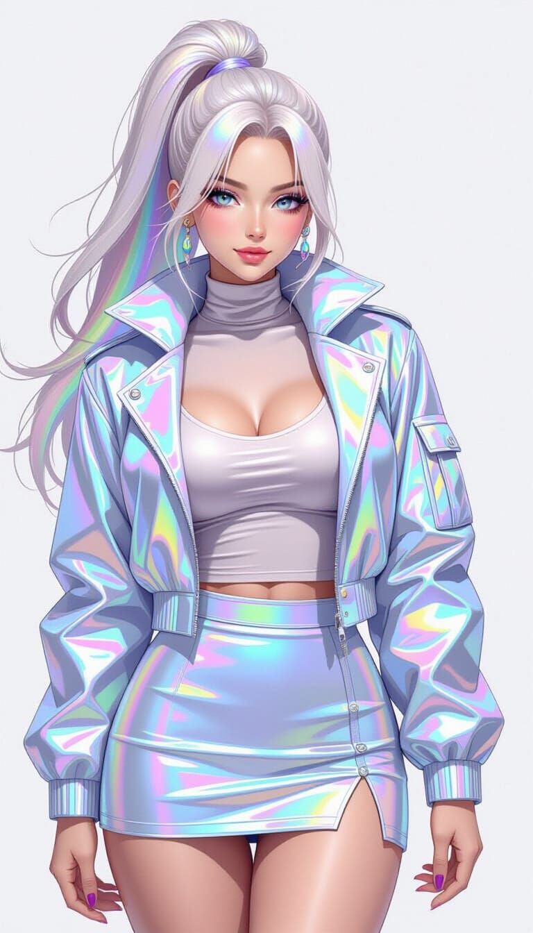 Cyberpop Woman in Holographic Rainbow Outfit
