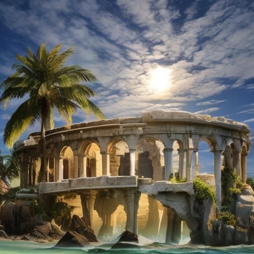 Photorealistic 3D Coastal Scene with Palms and Waves