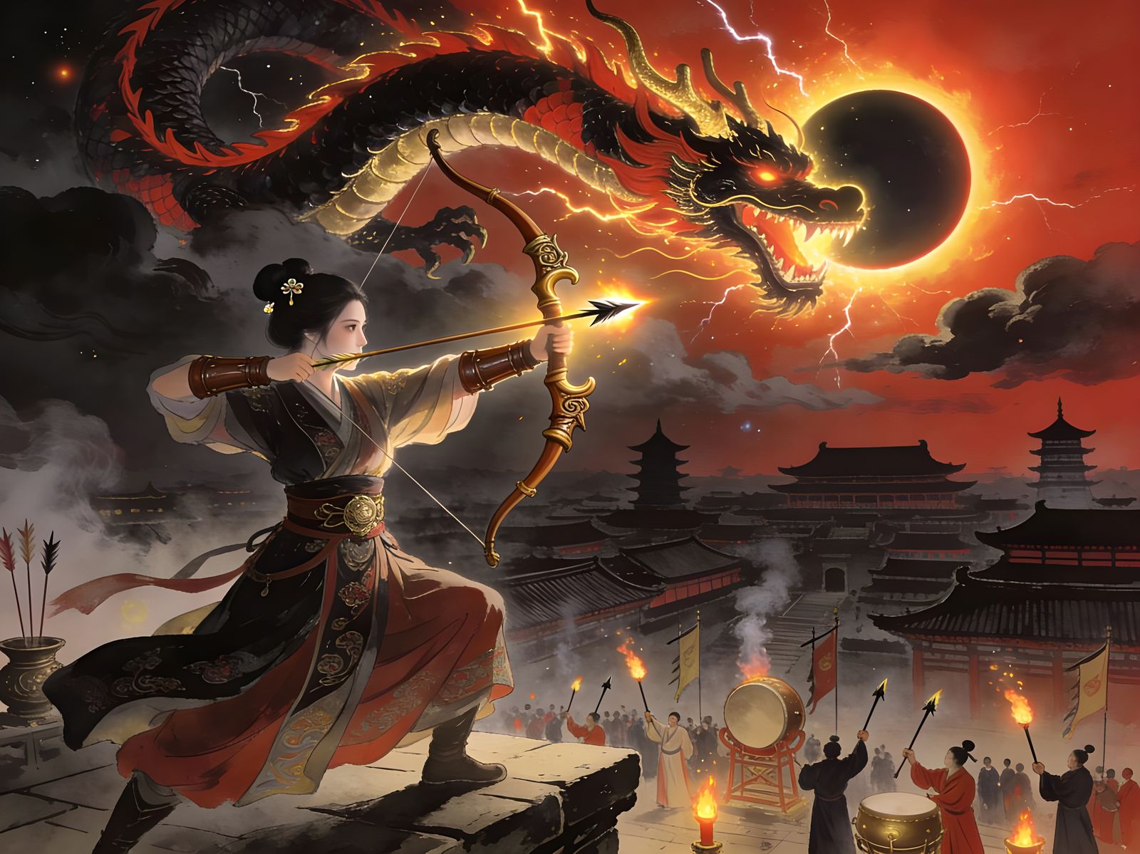 Archer Fights Celestial Dragon During Solar Eclipse