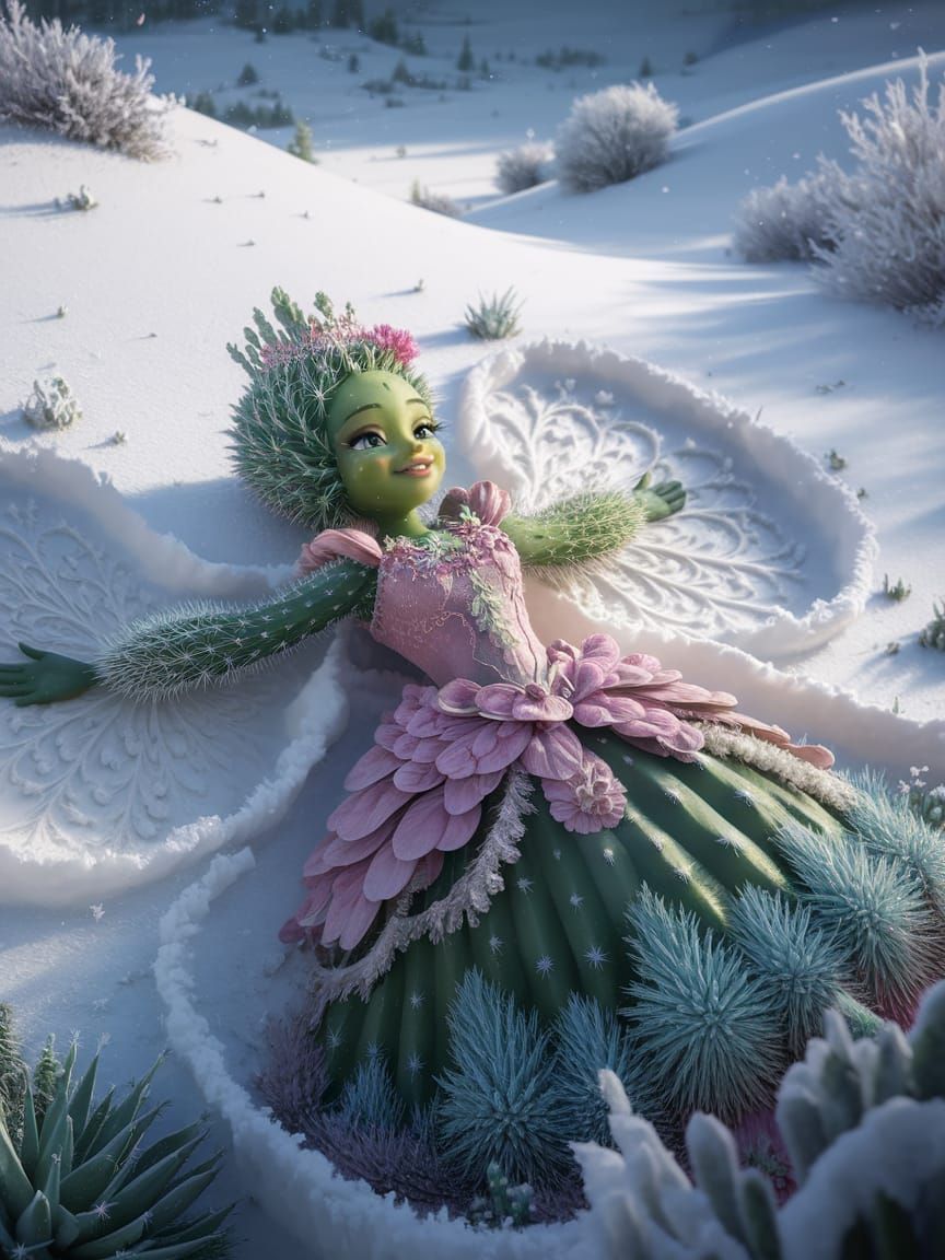 Cactus Princess Makes Snow Angels in Winter