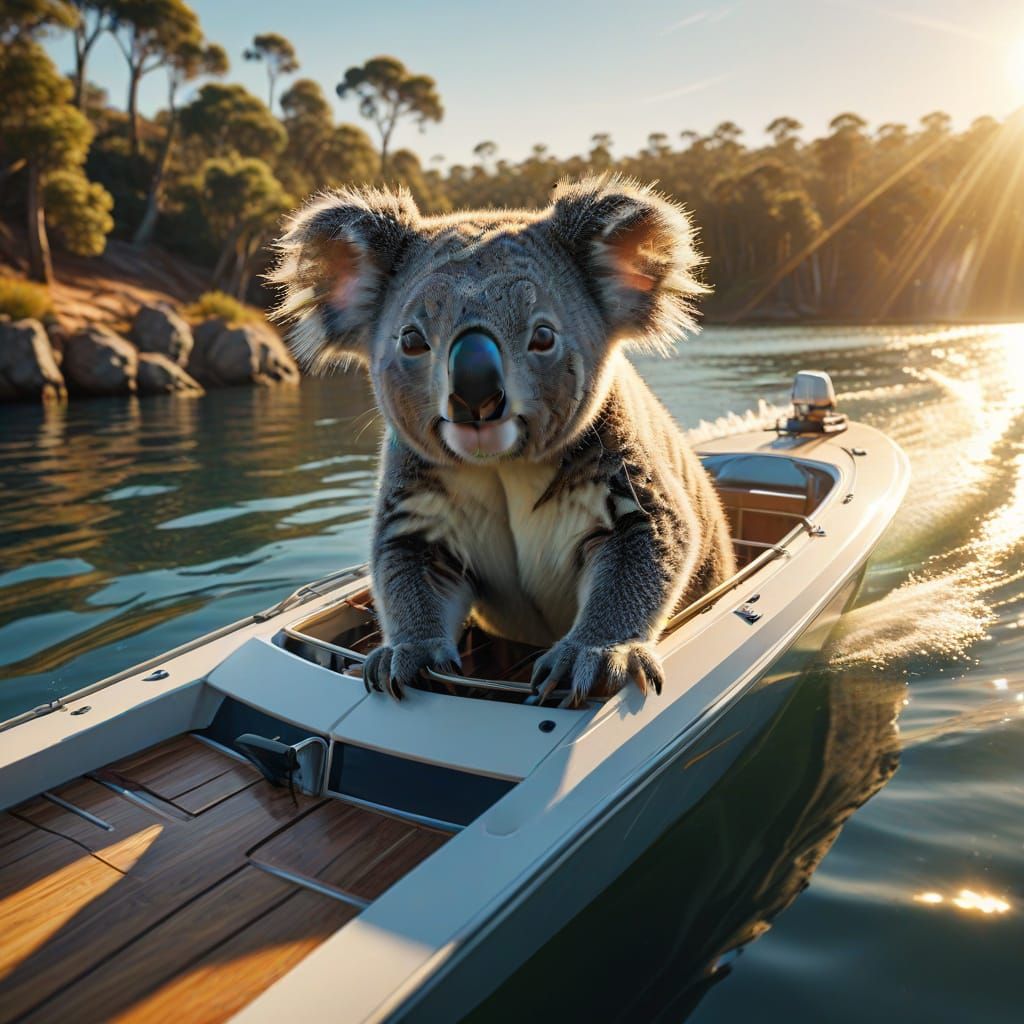 Koala on Speedboat in Vibrant Digital Art
