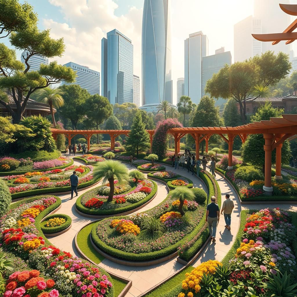 Lush Garden in Anime Style With Modern Skyscrapers
