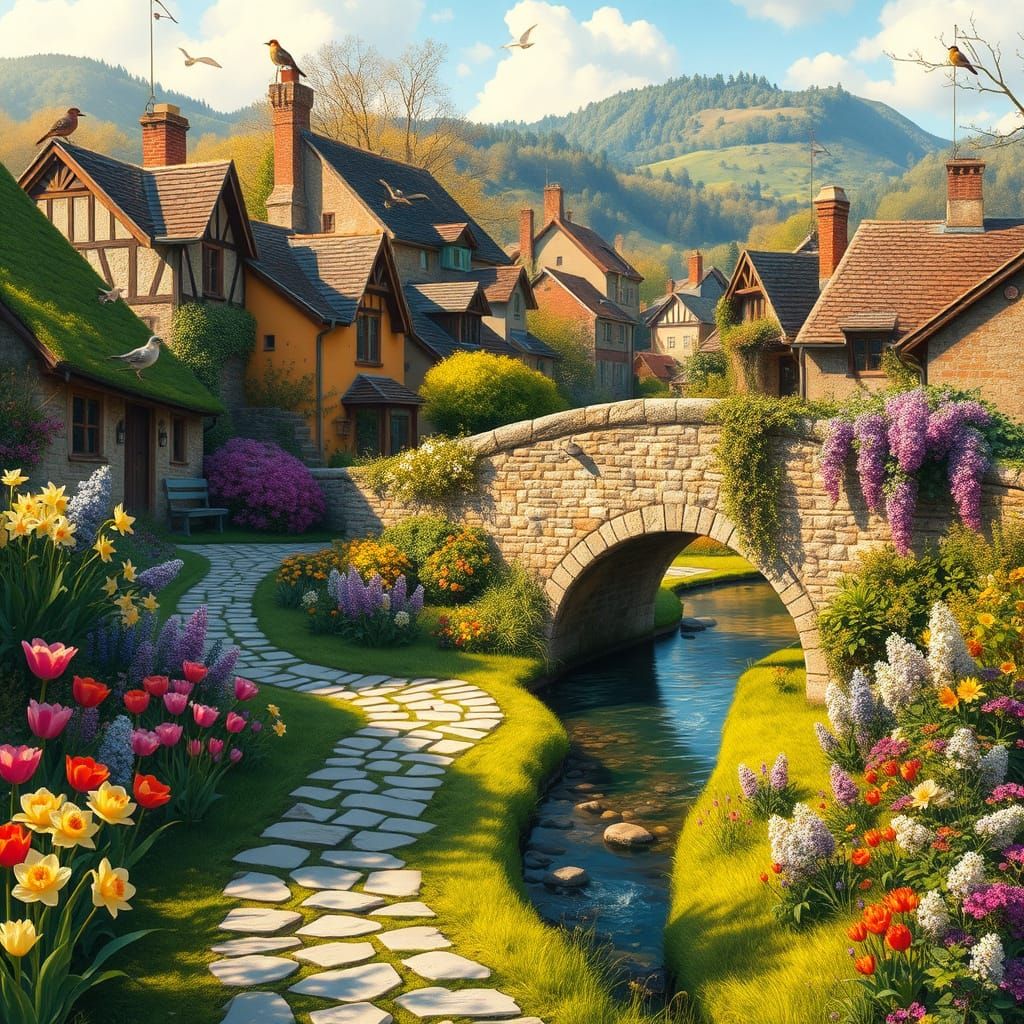 Whimsical Springtime Village in Hyperrealistic Style