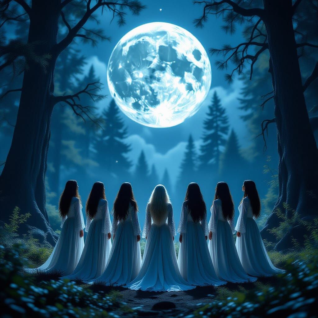 Wiccan Women Worshiping Moon in Forest