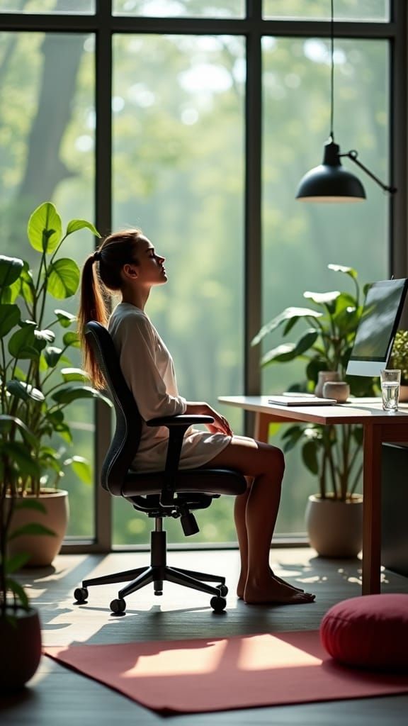 Serene Wellness Office with Meditating Woman in Minimalist S...
