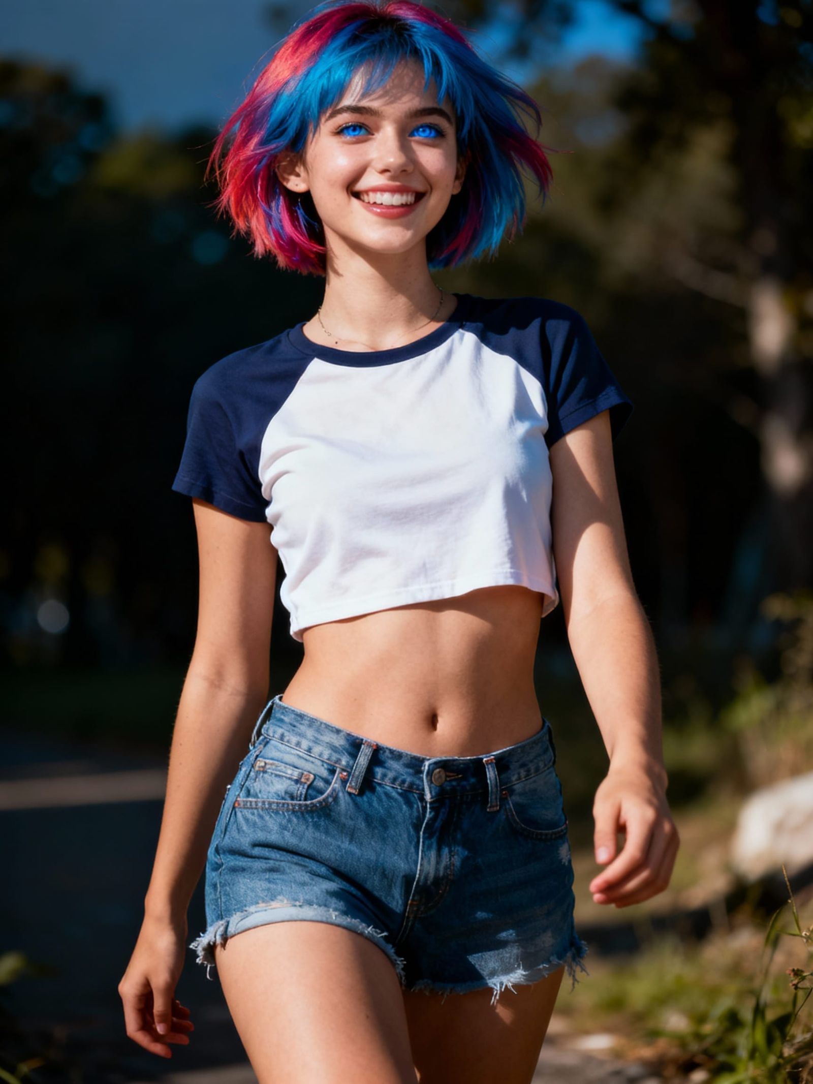 Photorealistic Portrait of Smiling Woman with Short Blue Hai...