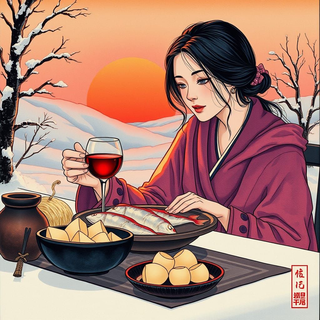 Romantic Scene in Traditional Japanese Woodblock Style