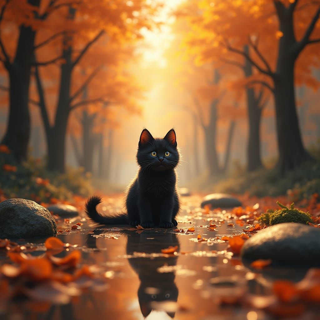 Cute Black Cat in Glass Autumn World - Anime Style