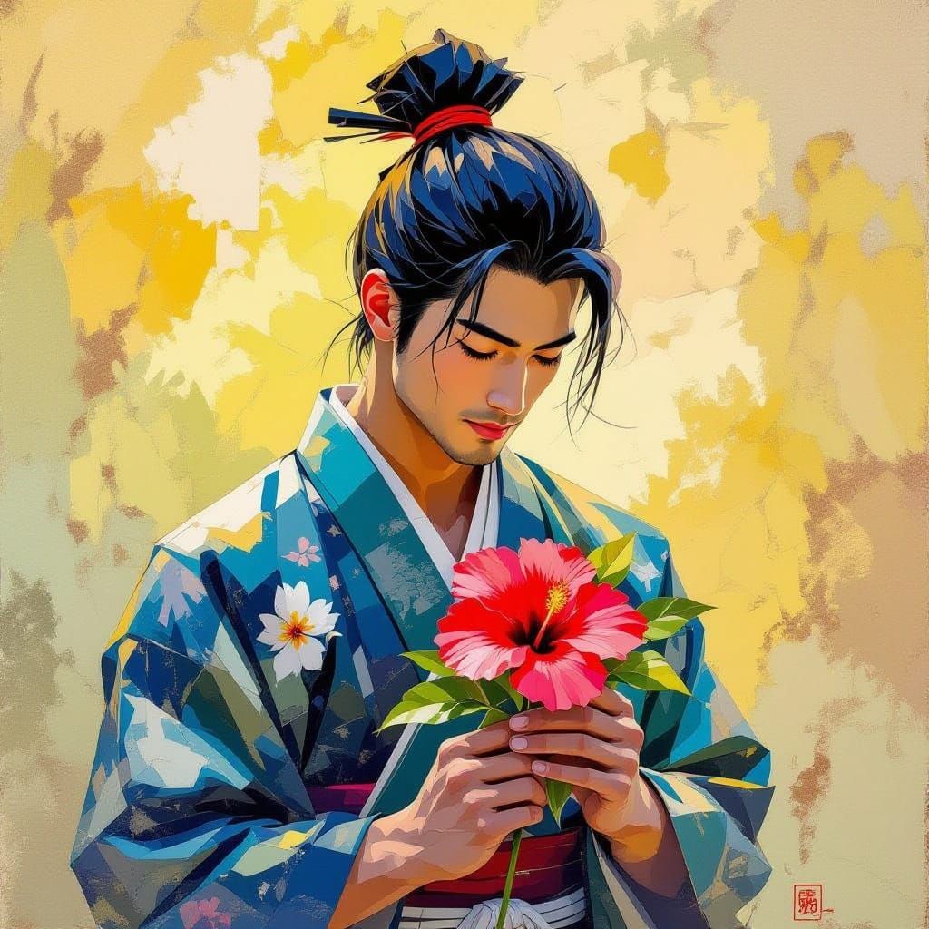 Impasto Portrait of Athletic Japanese Man with Hibiscus in G...