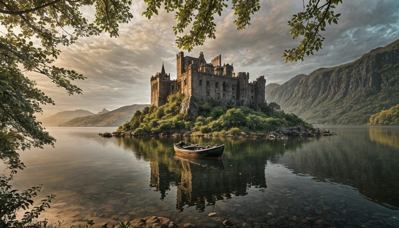 Scottish Loch Castle Sunset: Hyper-Realistic Fantasy Art