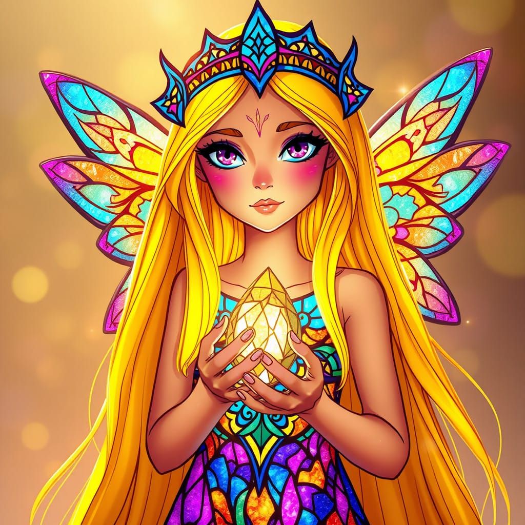 Whimsical Fae Goddess with Stained Glass Accents and Kaleido...