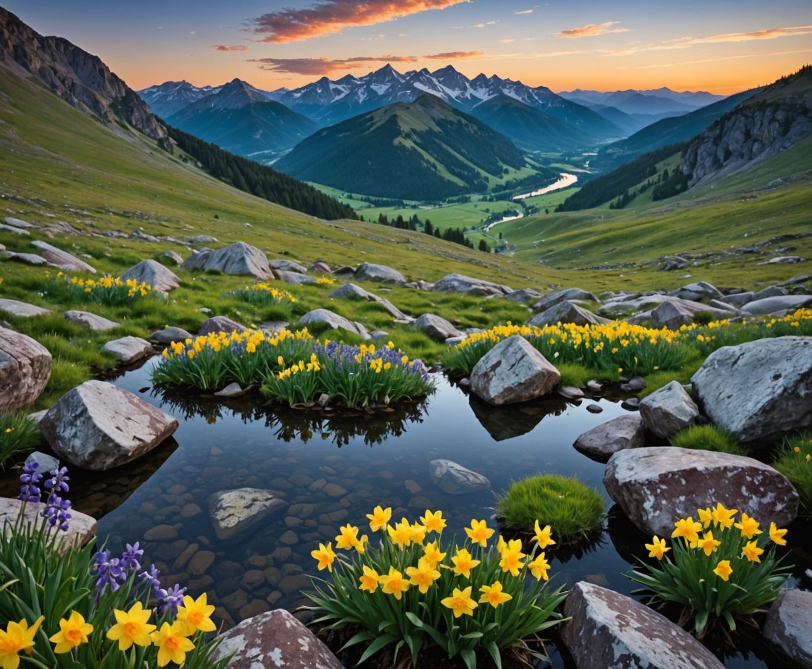 Panoramic Alpine Scene with Reflections and Twilight
