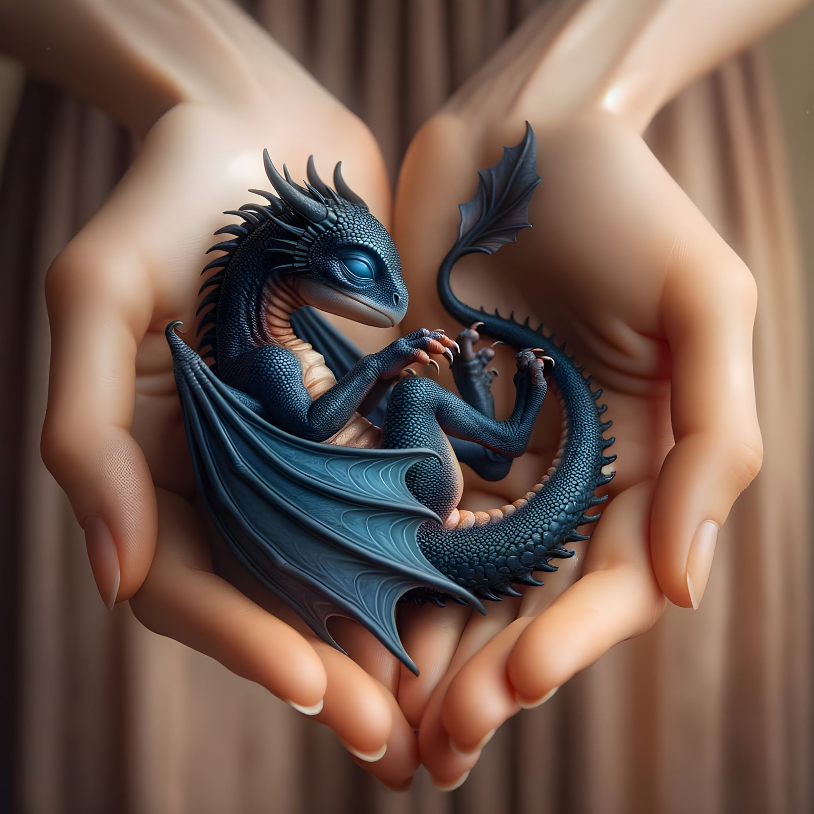 Human Hands Cradling Sleeping Sapphire Dragon