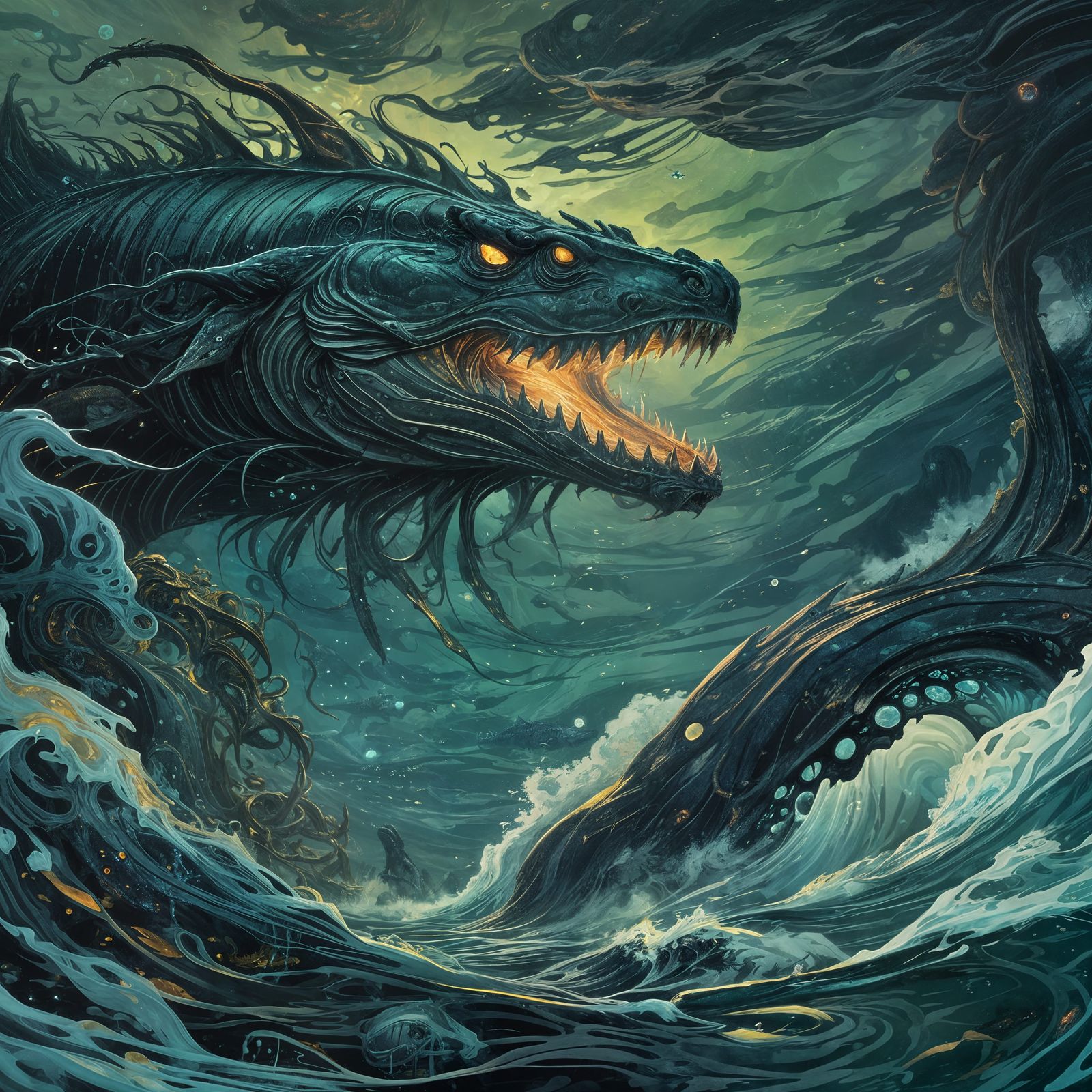 Dark Fantasy Leviathan in Deep Sea Abyss: Hyperdetailed Conc...