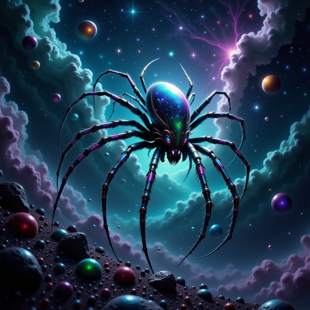 Ethereal Spider-kin Creature in Cosmic Nebula